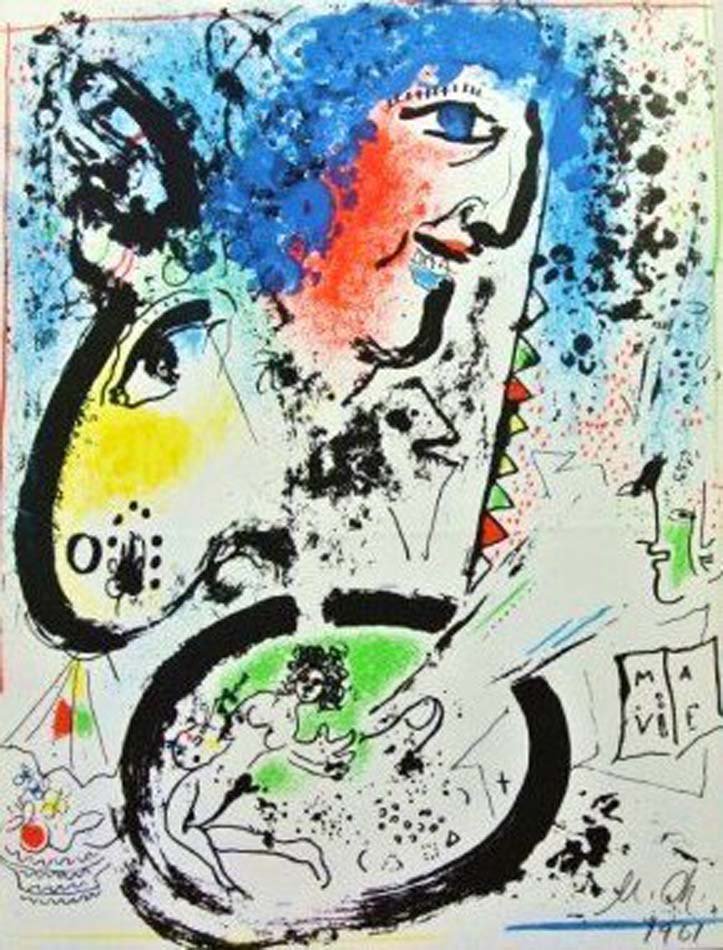 CHAGALL, MARC, Russian/French 1887-1985,: Title: "Frontispiece", from "Lithographs of Marc Chagall", Vol. I, , lithograph printed in colors, ,1960, with a complimentary signature in pencil ('M. Ch') by the artist , ,As printed by Mourlot, Par