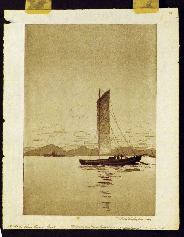 ARMS, JOHN TAYLOR American 1887-1953: Title: "A Hong Kong Canal Boat", , Description: etching and aquatint printed in colors,,1919, signed in pencil by the artist, a dedicated copy,,from a very small edition of around 25, , , Size info: ,