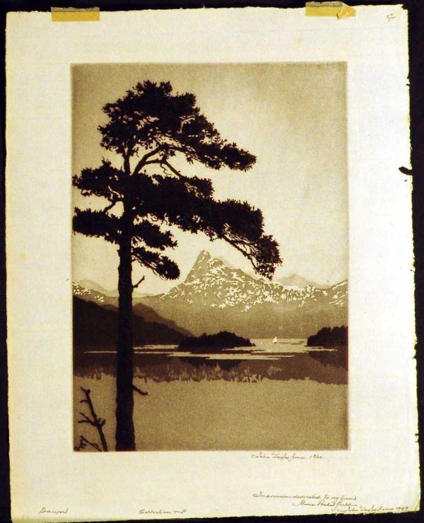ARMS, JOHN TAYLOR American 1887-1953: Title: "Dawn" (Lake Como), , Description: etching and aquatint printed in blue, grey and black,,1920, signed in pencil by the artist, a dedicated copy,,aside from the edition of 100,, , Size info: , ,