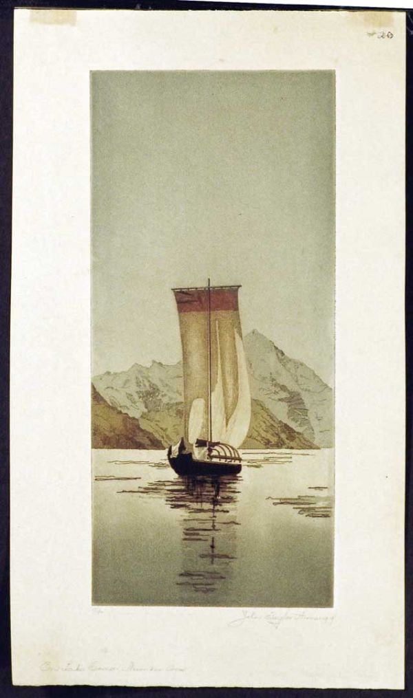 ARMS, JOHN TAYLOR American 1887-1953: Title: "On Lake Como", , Description: etching and aquatint printed in colors,,1919, signed in pencil by the artist, a dedicated copy,, numbered 17/40, on J. Green and Son watermarked paper,, , Size in