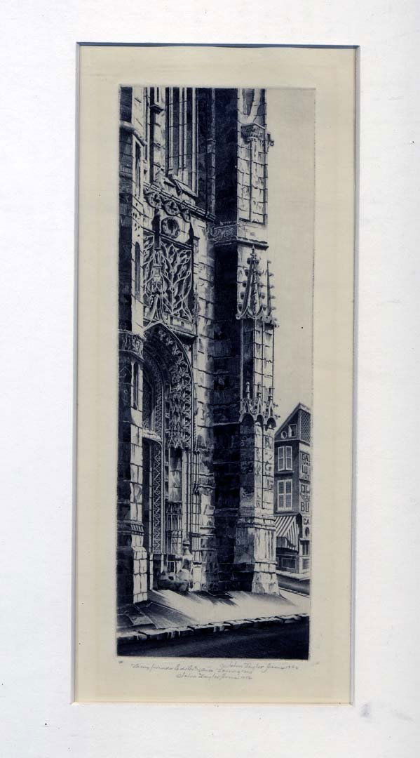 ARMS, JOHN TAYLOR American 1887-1953: Title: 'Dreux-Main Portal of Its Church', Description: etching, ,1942, signed and dated in pencil in lower margin, also inscribed 'To my friends Edith and Ain Tarringtons',numbered IV, , Size info: ,