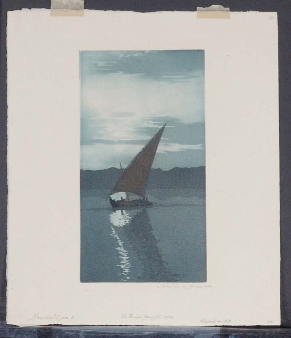 ARMS, JOHN TAYLOR American 1887-1953: Title: "Moodlight No. 2", , Description: etching and aquatint printed in colors,,1919, signed in pencil by the artist, a dedicated copy,, , , Size info: , ,plate size: (plate-image)9 1/4 x 4 1/8 in. C