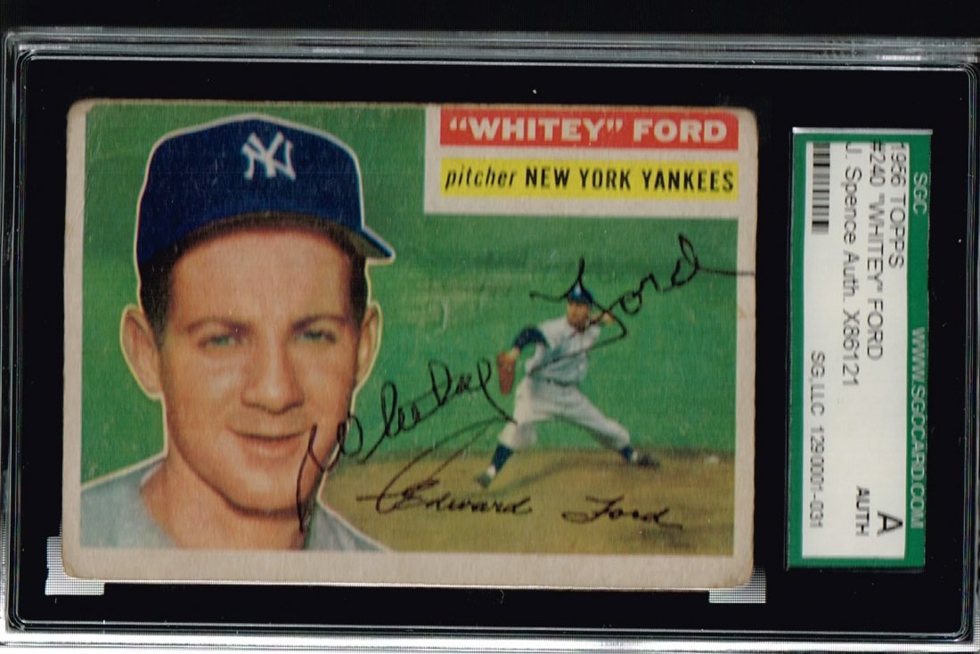 1956 Topps Whitey Ford #240 Signed Baseball Card: JSA authenticated and SGC encapsulated Whitey Ford 1956 Topps baseball card number 240. The JSA certification number for this signed card is X86121, and it is signed in dark blue ball point pen. This 