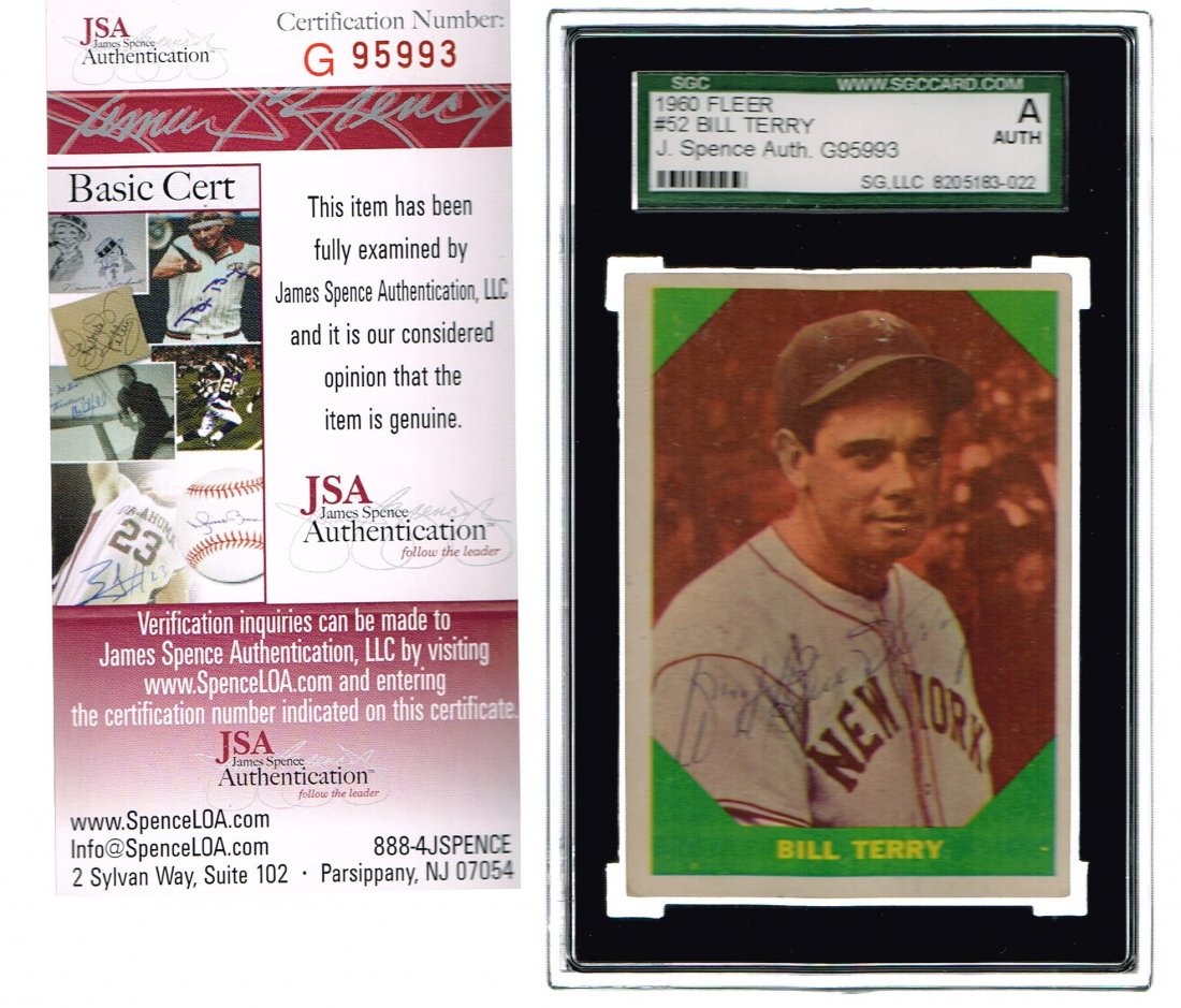 1960 Fleer #52 Bill Terry Card JSA Authenticated and: JSA Authenticated 1960 Fleer #52 Bill Terry Card Encapsulated by SGC. Terry signed this card in blue ball point pen. The JSA authentication number is G95993.