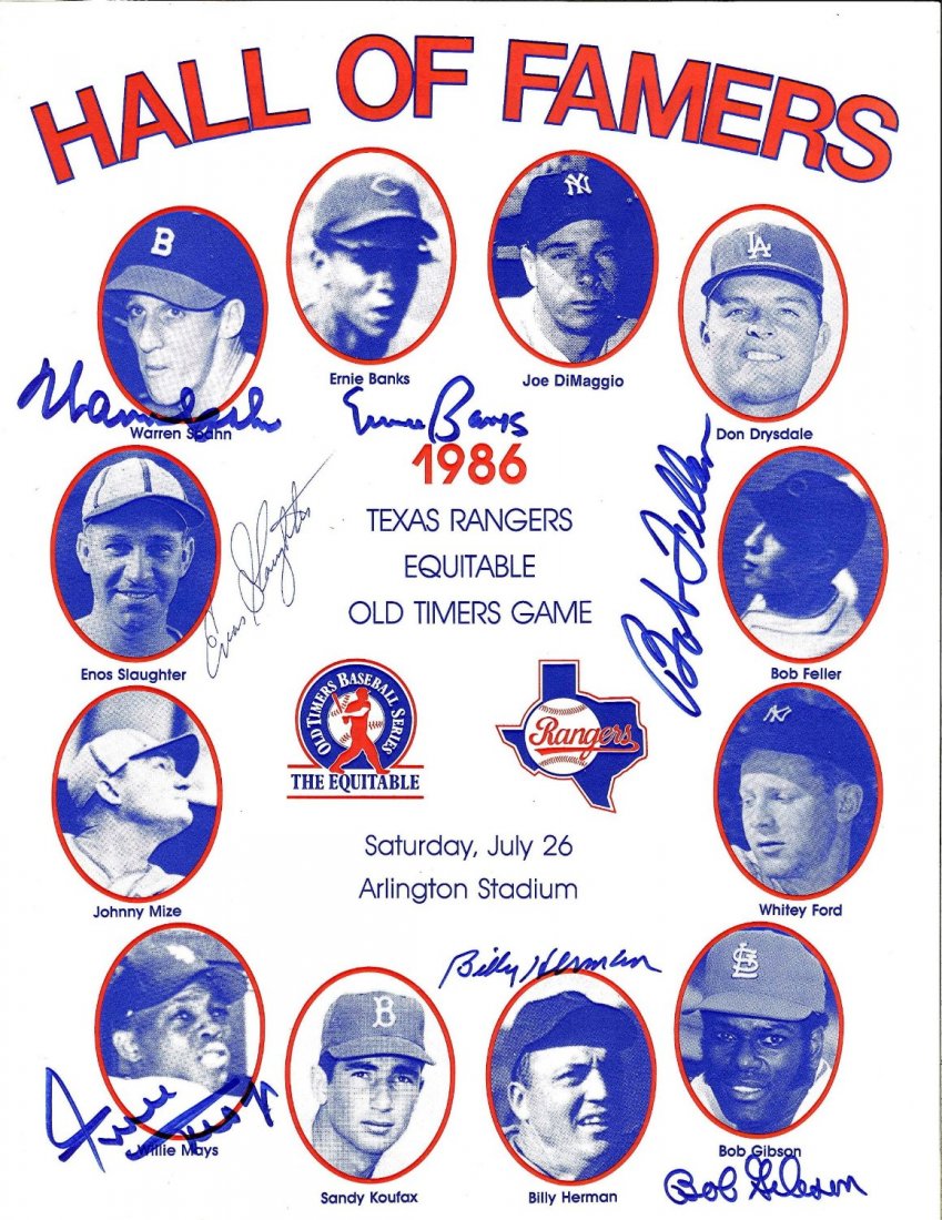 1986 Texas Rangers Old Timers Day Program Certified by: JSA 1986 Texas Rangers Old Timers Day Program. This game was sponsored by the Equitable in 1986 in Texas. The signers of this program were Willie Mays. Bob Feller, Warren Spahn, Ernie Banks, Enos Slau