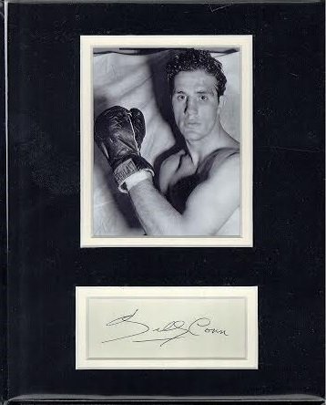 Billy Conn Signed Index Card Matted with a Photograph: Billy Conn Signed Index Card Matted with a Photograph Certified by JSA. This piece measures 8 x 10 inches and the JSA certification number is J50097. Author: Lee MacPhail Orig/Reprint: Original