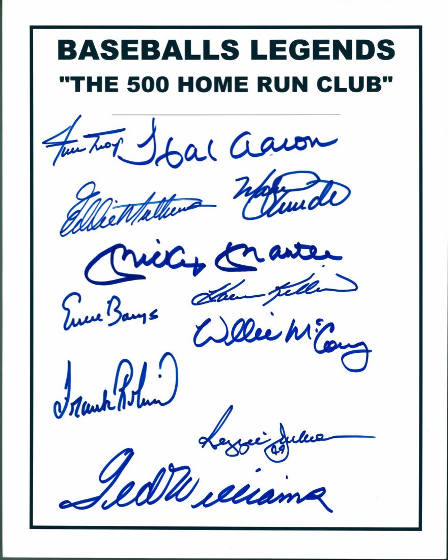 500 Home Run Club Signed Card Certified by The Score: 500 Home Run Club Signed Card Certified by The Score Board this item has been signed by Mickey Mantle, Ted Williams, Willie Mays, Hank Aaron, Frank Robinson, Mike Schmidt, Willie McCovey, Harmon Kille
