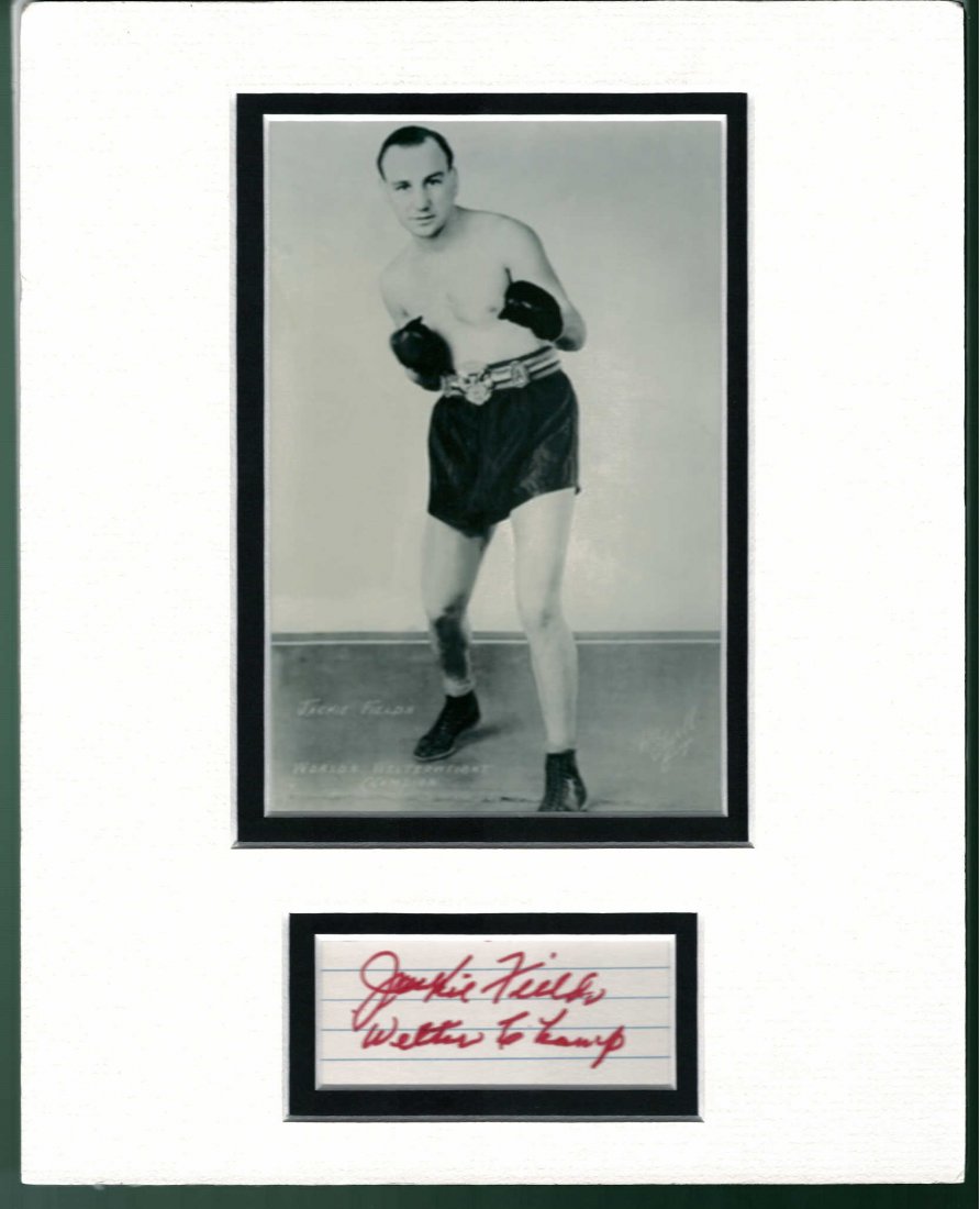 Jackie Fields Signed Index Card Matted With a: Jackie Fields Signed Index Card Matted With a Photograph. Jackie Fields (Jacob Finkelstein, February 9, 1908 – June 3, 1987) was an American professional boxer who won two world championship titles.