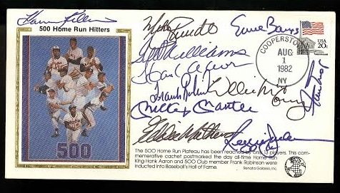 500 Home Run Club Signed Cachet Certified by AAU Mantle: 500 Home Run Club Signed Cachet Certified by AAU signed by Mickey Mantle, Ted Williams, Willie Mays, Hank Aaron, Frank Robinson, Reggie Jackson, Harmon Killebrew, Ernie Banks, Willie McCovey and Mike 