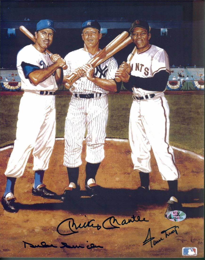 Mickey Mantle, Duke Snider and Willie Mays Signed Ron: Mickey Mantle, Duke Snider and Willie Mays Signed Ron Lewis Print 1986 Certified by STAT