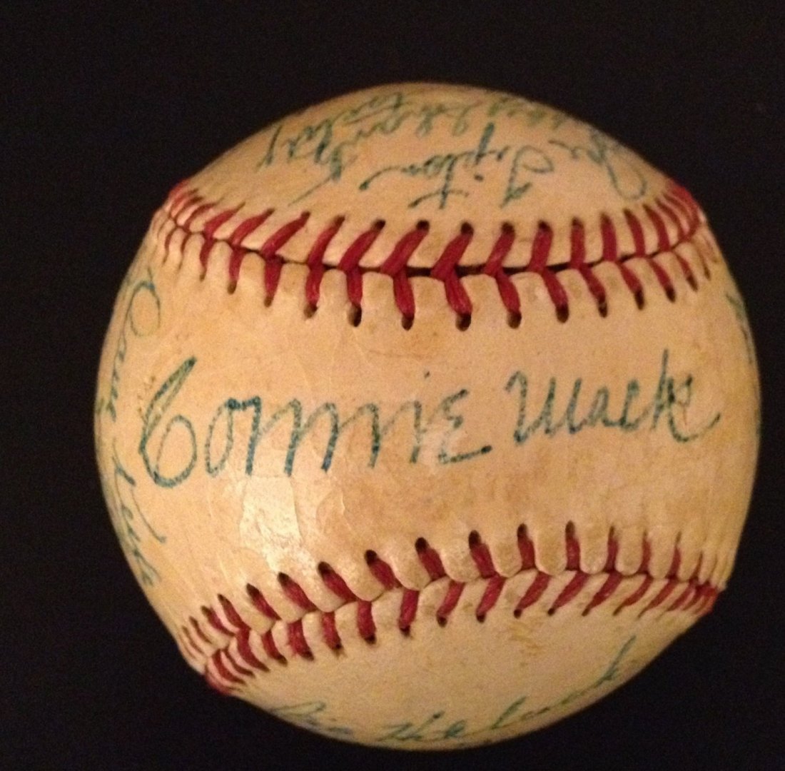 1950 Philadelphia Athletics Signed Baseball Certified: 1950 Philadelphia Athletics Signed Baseball, the prominent signatures on this ball are Connie Mack, Bing Miller, Ferris Fain, Elmer Valo, Wally Moses, Eddie Joost and Bobby Shantz. This ball has been 