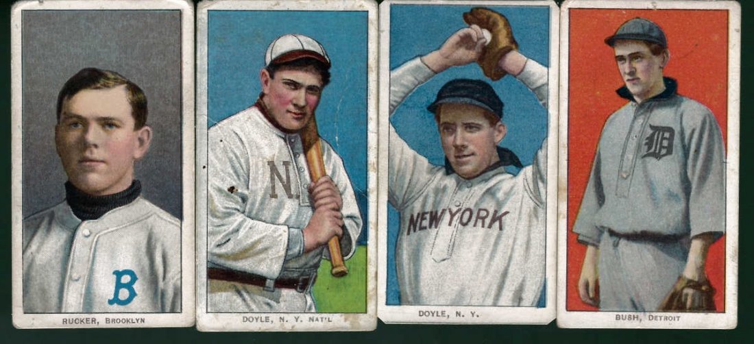 Lot of 4 T206 Cards Bush, Doyle, Rucker, Doyle: This lot features Doyle N.Y. Nat'l with a Polar Bear Back, Bush Detroit Piedmont Back, Doyle N.Y. Piedmont Back and Rucker Brooklyn with a Sweet Caporal Back.