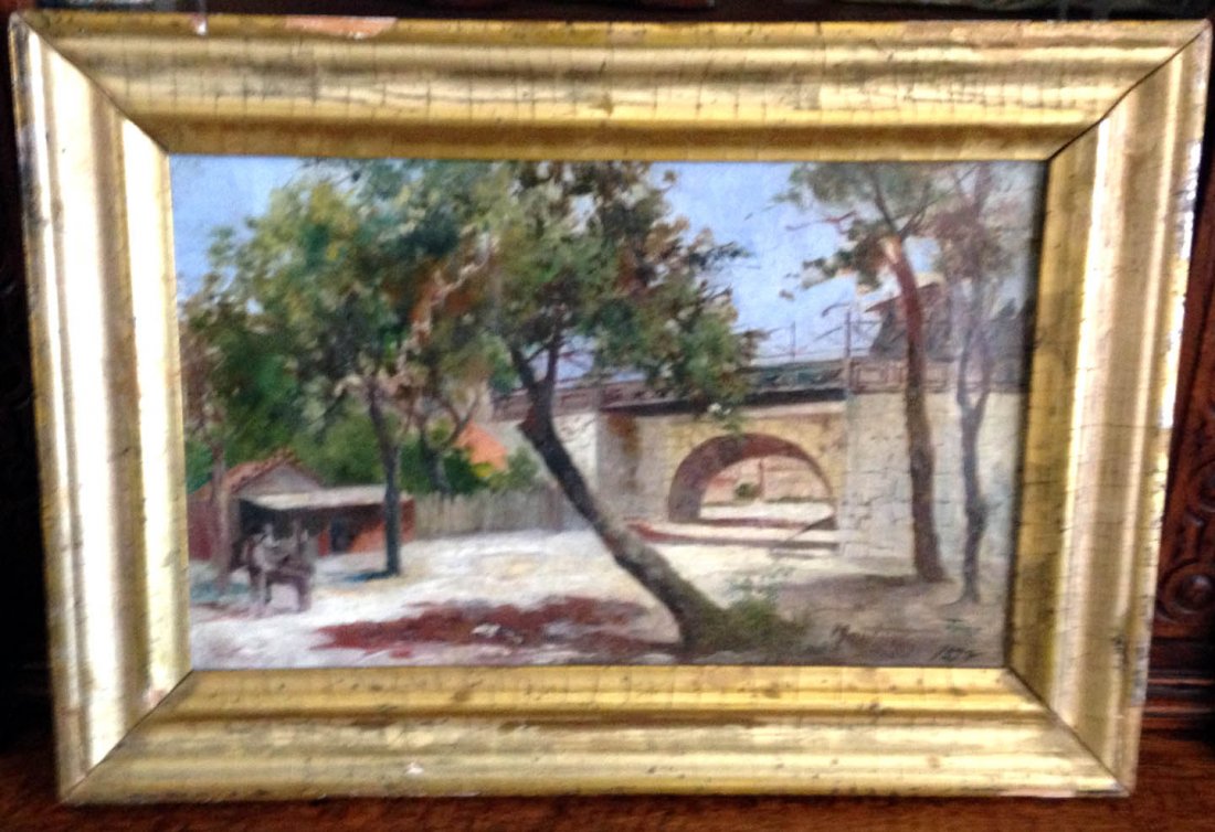 Oil Painting by Jose Montenegro Capell: This is an oil on canvas by noted Jose Montenegro Capell of a Courtyard. The work is dated 1898 and is in Good Condition and the frame has chips and nicks.Mr. Capell is listed in the Davenport and has