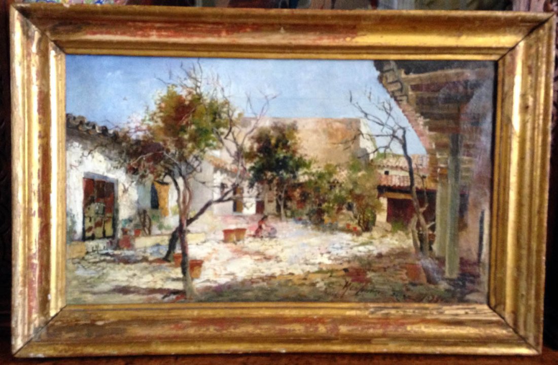 Oil Painting by Jose Montenegro Capell: This is an oil on canvas by noted Jose Montenegro Capell of a Courtyard. The work is dated 1899 and is in Good Condition and the frame has chips and nicks.Mr. Capell is listed in the Davenport and has