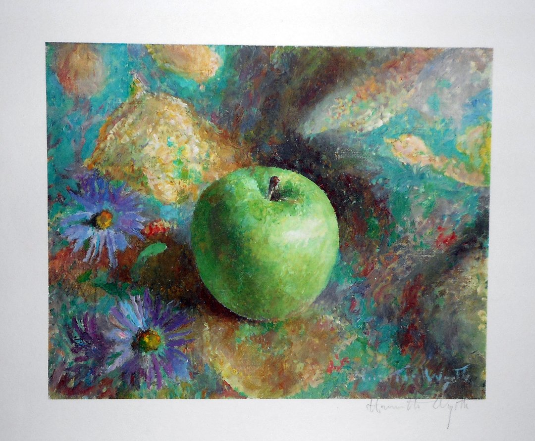 Henrietta Wyeth Hurd " Trumans Apple" collograph: Henrietta Wyeth Hurd was an American artist noted for portraits and still life paintings. She was the wife of artist Peter Hurd, daughter of illustrator N.C. Wyeth and sister of artist Andrew Wyeth.Th
