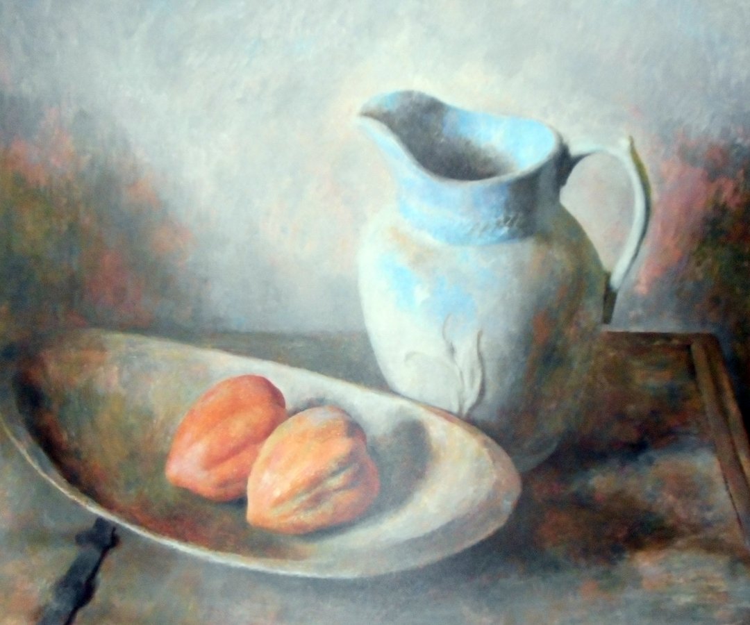 Henrietta Wyeth Hurd collograph "Lapis Blue Vase": This is a limited edition collotype by Henrietta Wyeth Hurd.Henrietta Wyeth Hurd was an American artist noted for portraits and still life paintings. She was the wife of artist Peter Hurd, daughter of