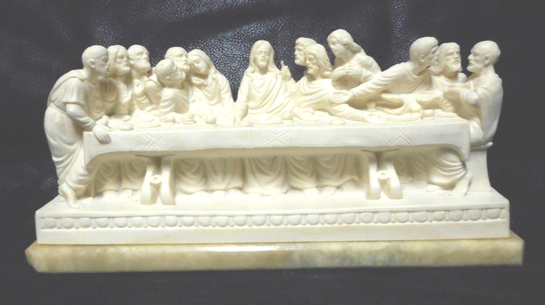 Santini Last Supper (Large Version): This is a beautiful Last Supper by Santini. This is not the small version that can be bought on Ebay for $40. to $50. and is 7 inches wide. This one is 13 inches wide on a marble base. WIN 5 ITEMS IN