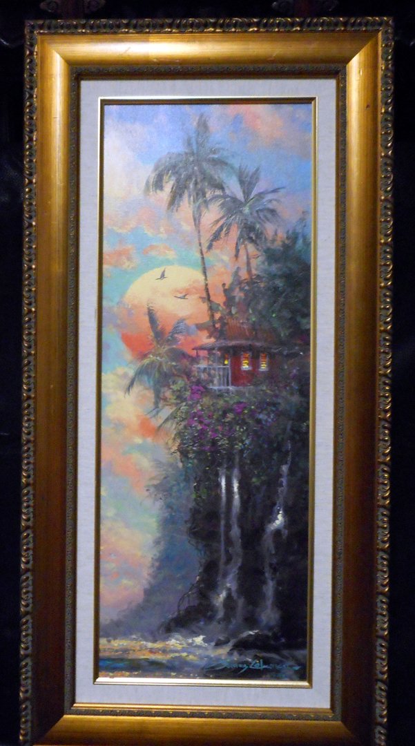 Disney Artist James Coleman Giclee: This is a hand embellished canvas giclee by James Coleman, famous Disney artist. The picture is of a tropical seaside house on a cliff with a waterfall. The picture is very nicely framed.WIN 5 ITEMS I