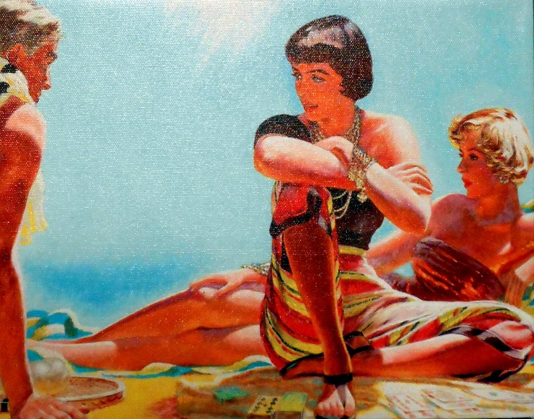1950's Beach Canvas: This is a very cool 1950's canvas of a guy talking with a couple of girls at the beach. It is about 9 x 12 inches and stretched on canvas bars and ready to hang.WIN 5 ITEMS IN THIS AUCTION AND YOU CAN