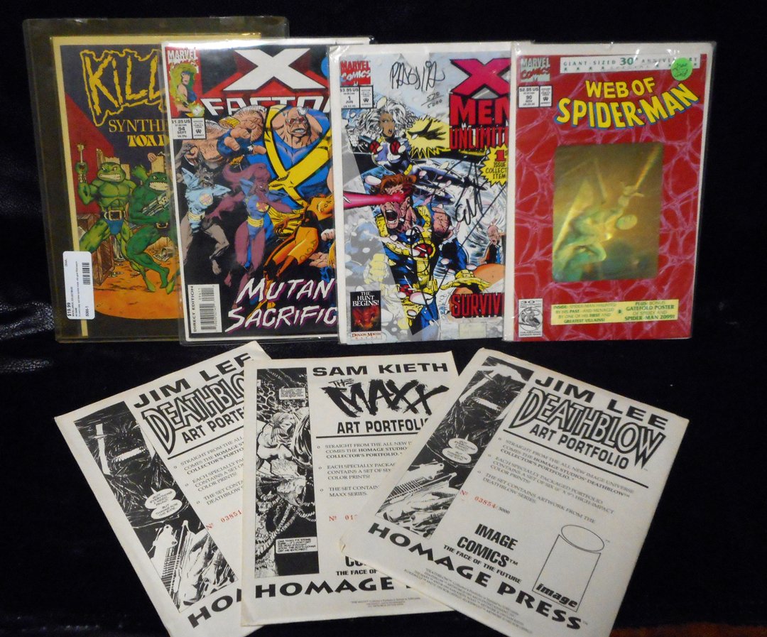 4 Expensive Comics and 3 Art Portfolios: The 4 Expensive Comics are Web Of Spiderman #90 Gold Hollogram, X Men Unlimited #1 signed by Dan Panosian 520/5000, X Factor 94, and Killer Synthetic Toads #1. In addition, there are 3 Art Portfolios,