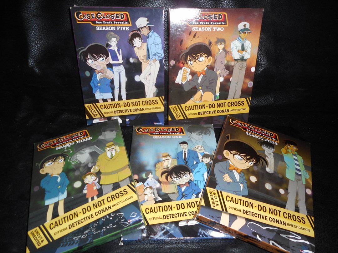 Animae DVD Collection of Case Closed 5 Seasons: 5 Seasons of Case Closed in original boxes.WIN 5 ITEMS IN THIS AUCTION AND YOU CAN CHOOSE (YOUR CHOICE) A 6TH THAT HAS NOT BEEN BID ON FOR FREE.WIN 8 ITEMS AND I WILL THROW IN 2 ITEMS (YOUR CHOICE) TH