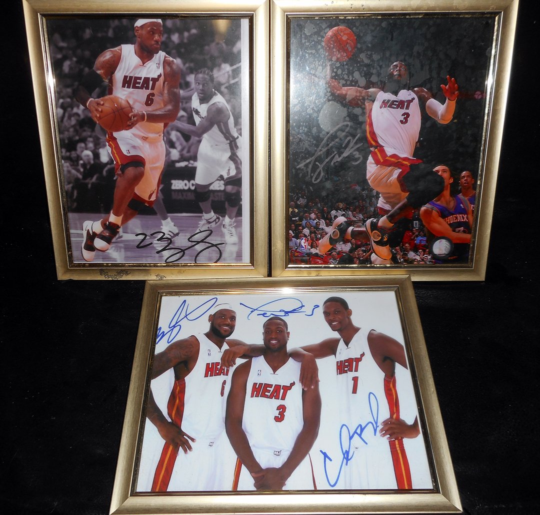 Miami Heat Autograph Pics Lebron,Wade, Bosh. Basketball: These are 3 autographed pictures in frames. Lebron and Wade have individual pictures. The third is a picture of all 3 signed.WIN 5 ITEMS IN THIS AUCTION AND YOU CAN CHOOSE (YOUR CHOICE) A 6TH THAT HAS