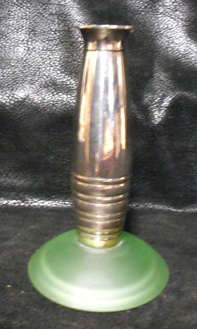 Christofle Two Tone Candleholder or Vase: Highly polished chrome two tone Christofle Candleholder or Flower Vase.This item is a signed, silver plated two tone green candleholder by Christofle.This candle stick can actually double as a flower