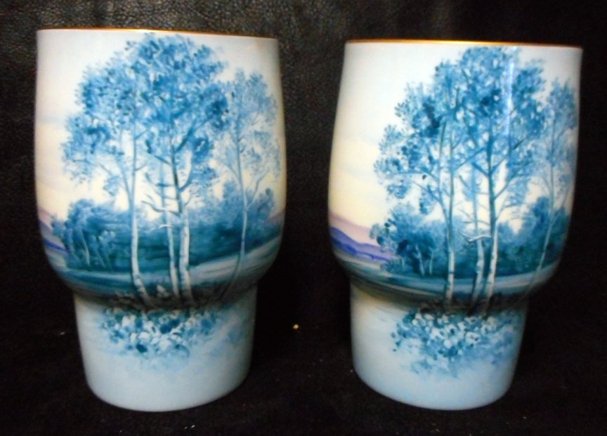 Pair of Noritake Nippon Large Tumbler Glasses: The pictures just don't show these off. These two large glasses are decorated with a very nice serine design in powder blue. The label on the bottom reads Noritake Nippon. Glasses are large, perhaps 1
