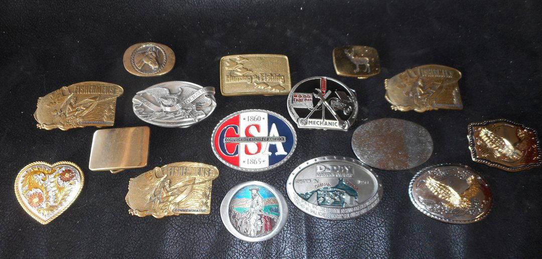 16 Belt Buckle Collection.Confederacy, Fishing: Great collection of Belt Buckles. All are high quality metal and are depicting, Confederacy, Hunting and Fishing, Democrats, Buffalo Bill, D Day, Heart, and others. These buckles at local flea markets