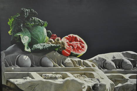 Still Life. Oil on Linen by Luciano Ventrone: This a rare and significant painting by Ventrone especially with regard to measures and period1985- 59"x 59" Ventrone's paintings are in numerous public and private collections worldwide including Rom