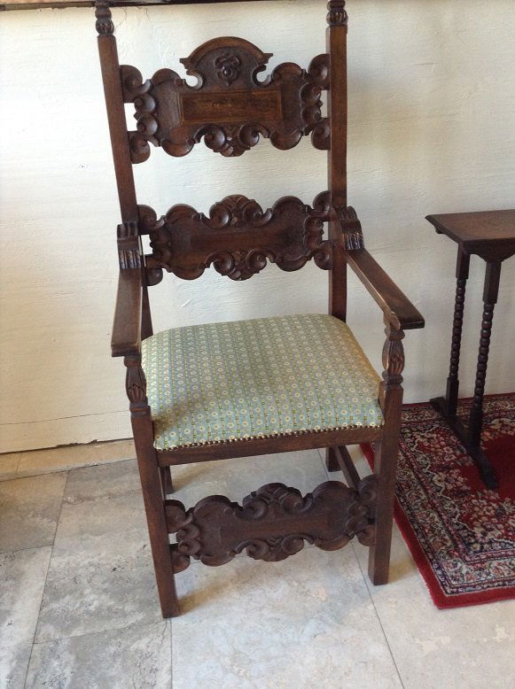 Italian Antique Armchair 19th Century: Unique Armchair with armrests in walnut with fine hand carving. fabric in good conditions 19th Century, measures 22 inch width and 20 inch depth H 50 inc h