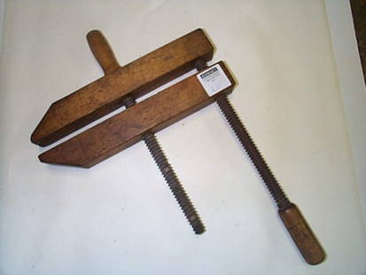 Vintage, all wood clamp in working order but, one: Vintage, all wood clamp in working order but, one rod does have damage (see photo). Clamp is signed R. Bliss? Mfg. Co., Pawtucket, RI, No. 11. Jaws measure 12" long. Buyer to pay $20.00 shipping