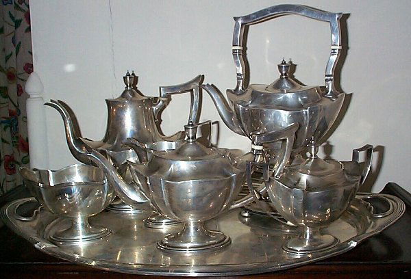 Gorham Plymouth 7 piece sterling silver tea set cons: Gorham Plymouth 7 piece sterling silver tea set consisting of #2442 2 pint teapot, 2443 sugar, 5/8 pint creamer, 2441 2 3/6 pint teapot, 2445 open sugar, 2446 2 3/4 pint teapot, 2816 24inch tray with