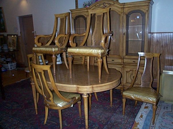 Eight piece burled fruitwood dining room set.: Eight piece burled fruitwood dining room set. Contains a two piece china closet, table and six chairs. Local delivery available within a 60 mile radius of Somerset, NJ, local delivery fee is $125 in s