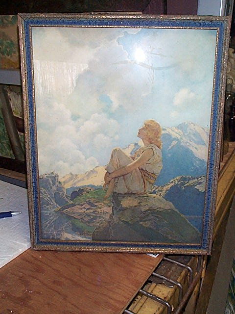 Maxfield Parrish print measures 16 inches tall by: Maxfield Parrish print measures 16 inches tall by 13 inches long in original frame. Buyer to pay $35.00 shipping and handling, all items to be sent USPS Priority Mail with Delivery Confirmation. Insur