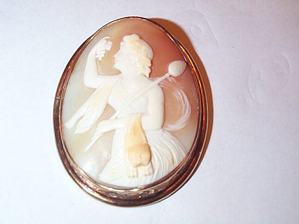 14K yellow gold Victorian hand carved shell cameo b: 14K yellow gold Victorian hand carved shell cameo broach, has slight crazing, visual only with back light and magnification, hand signed signature undetermined, measures 2 1/2 in. in height by 2 in. w