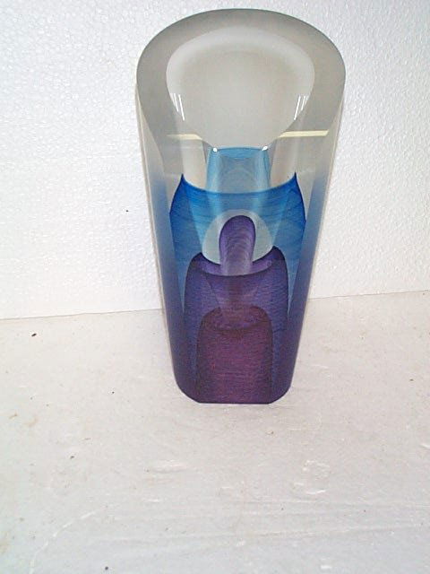 Art Glass multi-colored with frosted outer casing: Art Glass multi-colored with frosted outer casing tall vase. Artist signed Michael David and Kit Kavlder #384108. Does have some scratching on frosted side of vase and a minute scratch on front clear