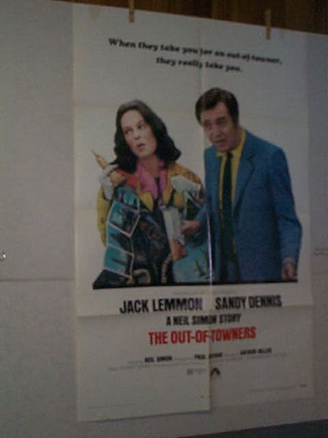Original movie poster. 1 Sheet. "THE OUT-OF-TOWNERS: Original movie poster. 1 Sheet. "THE OUT-OF-TOWNERS". JACK LEMMON, SANDY DENNIS. Some small tears, tape, and staple holes. Marked lower right 70/167. Measures 41 inches by 27 inches. Buyer to pay $8.0