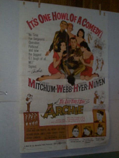 Original movie poster. 1 Sheet. "THE LAST TIME I: Original movie poster. 1 Sheet. "THE LAST TIME I SAW ARCHIE". ROBERT MITCHUM, JACK WEBB, MARTHA HYER, DON KNOTTS. Marked lower right 61/211. Cuts at bottom right. Some tape. Tack holes. Measures 41 in