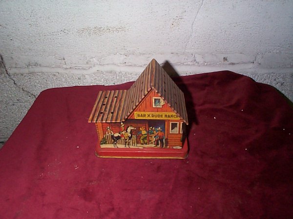 tin litho cowboy bank Bar X Dude Ranch, measures 5