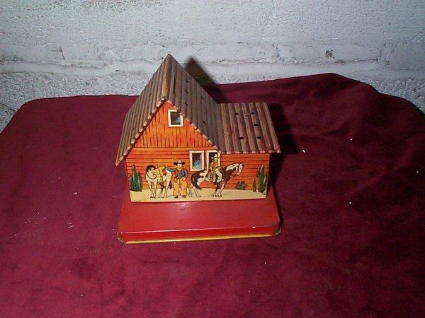 tin litho cowboy bank Bar X Dude Ranch, measures 5 - 2