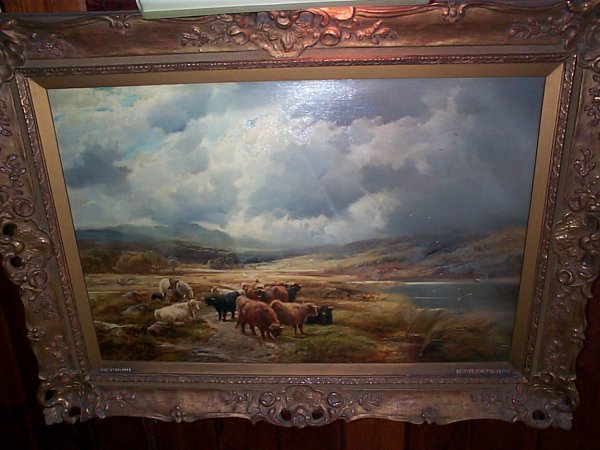 19th. C. oil on canvas depicting cattle near a str