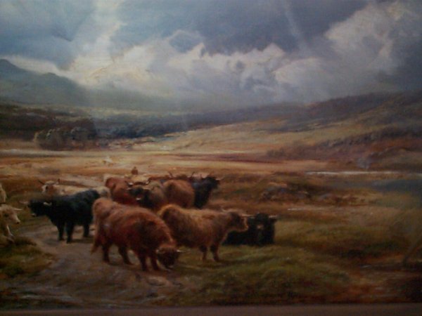 19th. C. oil on canvas depicting cattle near a str - 2