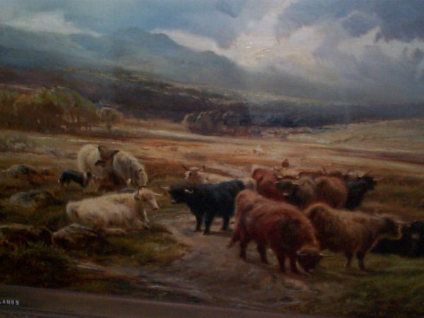 19th. C. oil on canvas depicting cattle near a str - 5