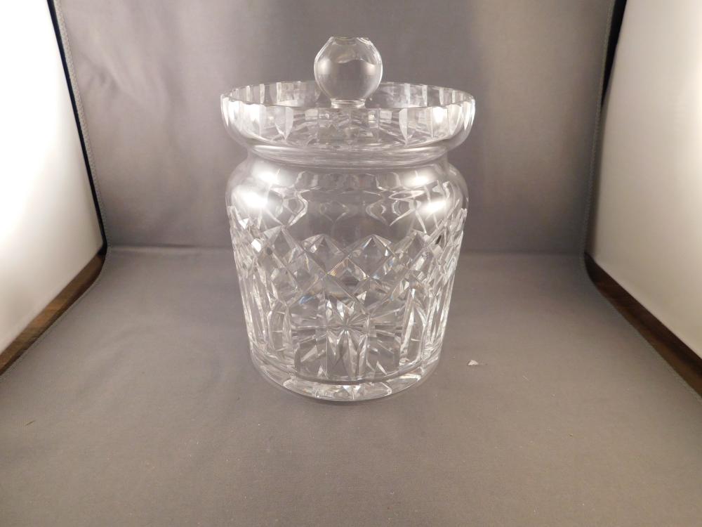 Waterford Tobacco Jar: Signed Waterford tobacco jar. Measures approx. 6" tall x 5" in diameter. You are bidding at a live sale. Please Read the terms and conditions. We are offering scheduled pick-ups of items at our South 