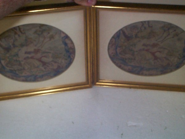 Pair of very fine hand-stitched silk tapestries de: Pair of very fine hand-stitched silk tapestries depicting girls seated with basked of flowers. Both images measuring 6" x 6.5". Buyer to pay the following shipping costs based on "ship to" address: Ea