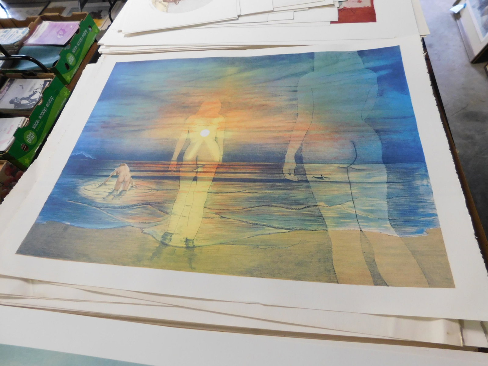50 Abstract Unframed Lithographs: Lot of 50+ abstract modern, unframed lithographs of a nude woman in a sunset. You are bidding at a live sale. Please read the terms and conditions. This sale will be broadcast live on sale day with fu