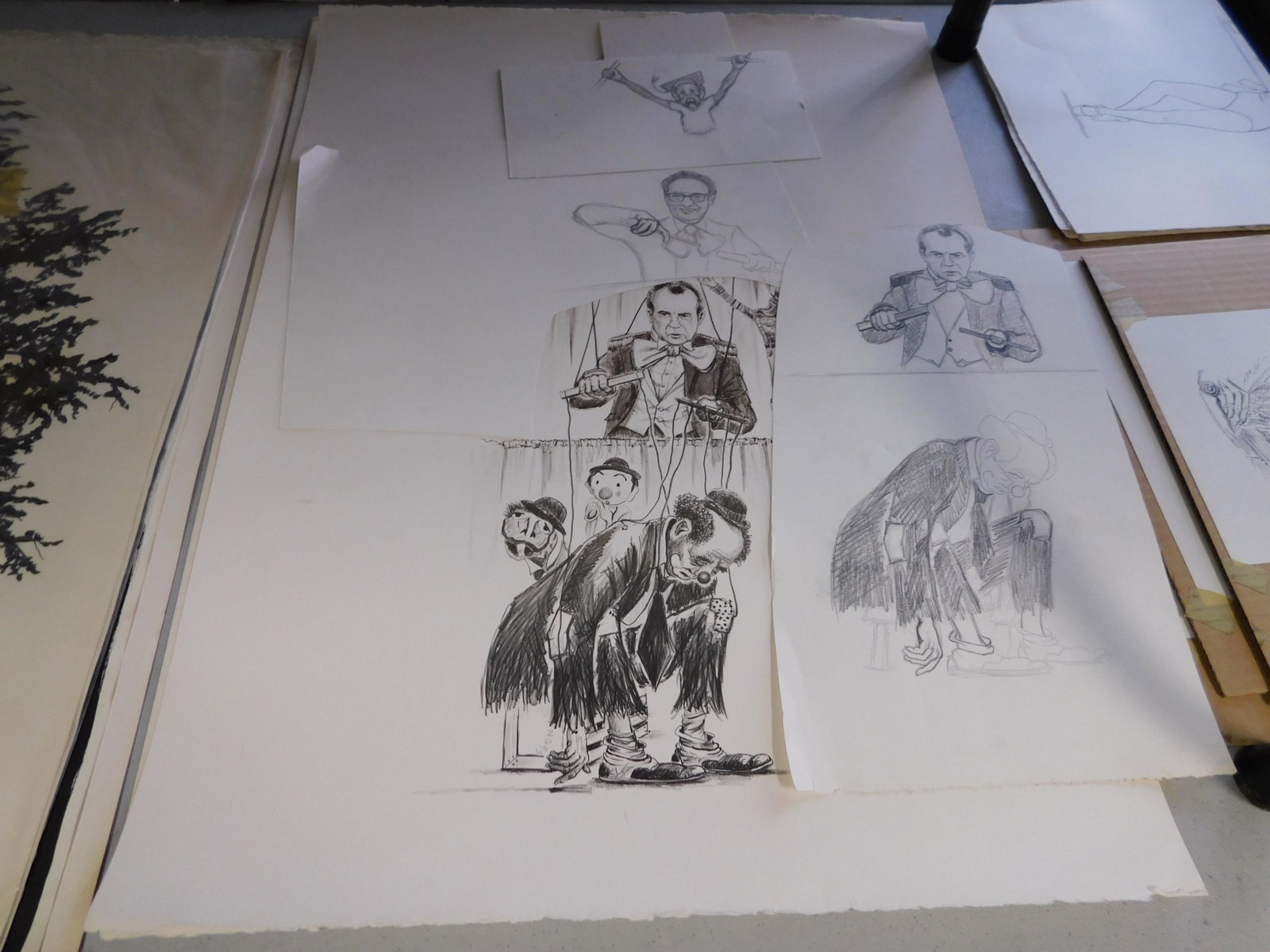 Nixon Political Cartoon Drawing and Lithographs: Lot of 5 unframed lithographs of a Nixon political puppeteer cartoon with original sketches. You are bidding at a live sale. Please read the terms and conditions. This sale will be broadcast live on s