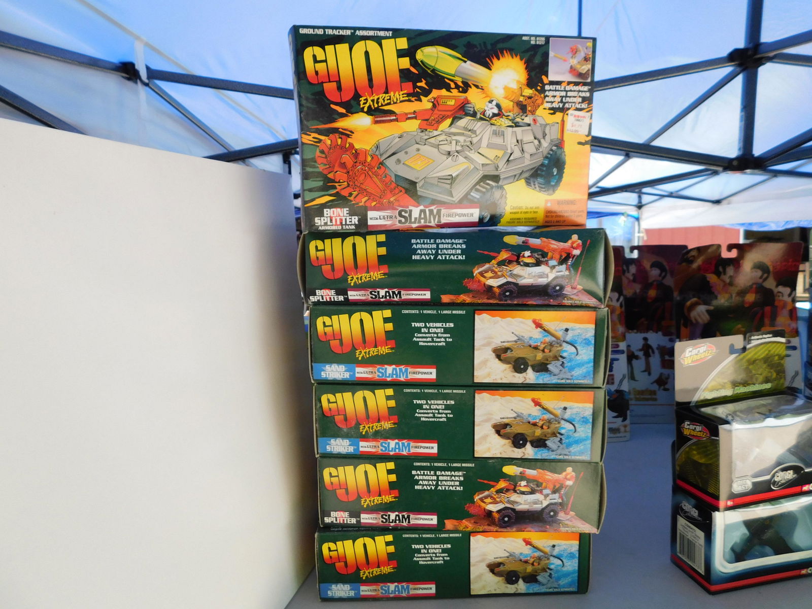 6 GI Joe Vehicles: 6 GI Joe vehicles in original boxes including bone splitter and sand striker. May have some water damage. You are bidding at a live sale. Please read the terms and conditions. This sale will be broadc