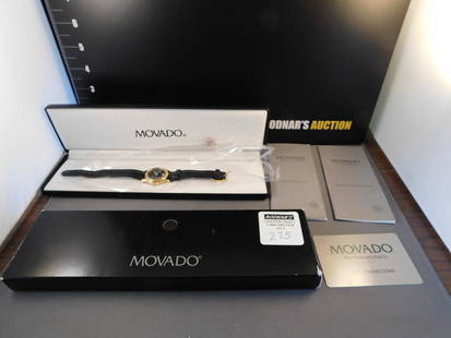 Women's Movado Watch: Women's Movado watch in box. Wear to strap. Measures 8" long from end to end. You are bidding at a live sale. Please read the terms and conditions. We are offering no contact pick up at our South Brun